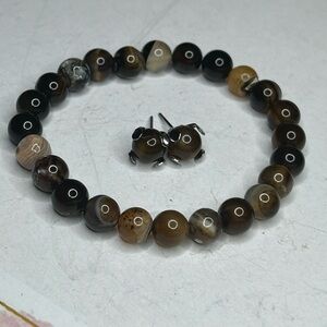 Brown Agate Bracelet + Stud Earrings